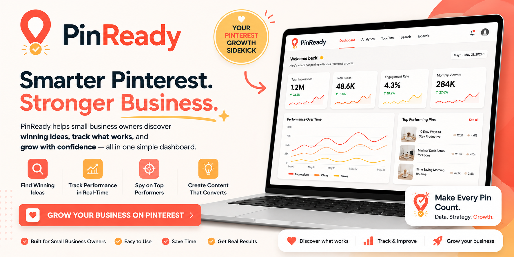 PinReady. Smarter Pinterest. Stronger Business. Your Pinterest growth sidekick.